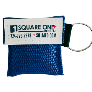 Red keychain with Square One logo containing CPR Facemask