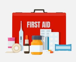 Illustration of a Family First Aid Kit with supplies laid out in front, including a thermometer, medicine, and bandages.