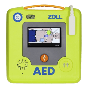 Front of ZOLL AED 3 with screen showing CPR & AED instructions