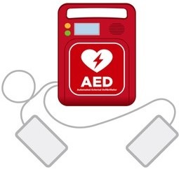 Illustration of a red AED with leads and pads attached.