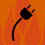 Silhouette of electrical cord with orange flames in the background
