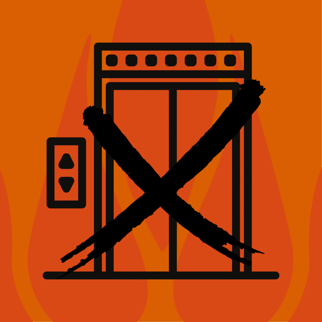 Lien drawing of a blocked elevator with orange flames in the background
