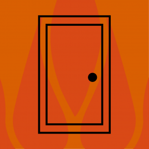 Line drawing of a door with orange flames in the background