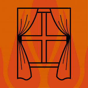 Line drawing of a window with curtains with orange flames in the background