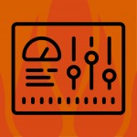 Line drawing of electrical equipment with orange flames in the background