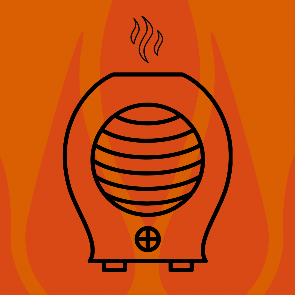 Line drawing of space heater with orange flames in the background