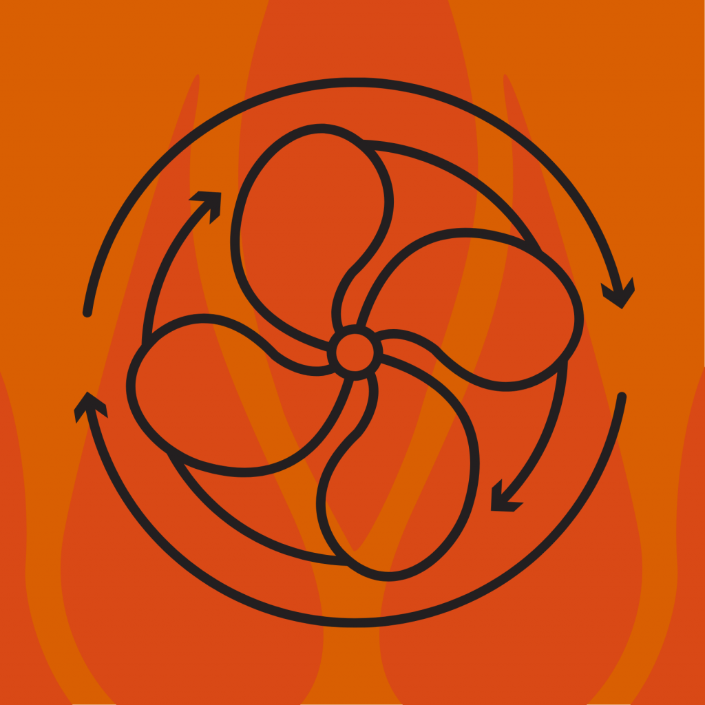Line drawing of ventilation fan with orange flames in the background