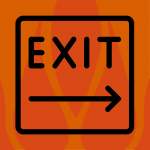 Line drawing of an exit sign with orange flames in the background