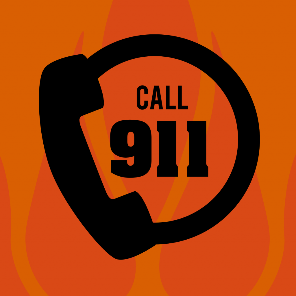 Silhouette of a phone with the words "Call 911" with orange flames in the background