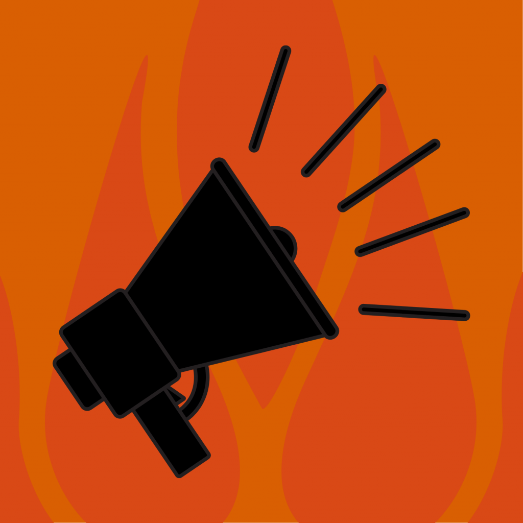 Silhouette of a megaphone with orange flames in the background