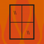 Line drawing of a window with orange flames in the background
