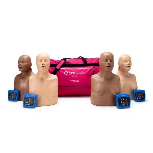 Four CPR training manikins (two dark and two light) with a bag and 4 wireless CPR feedback monitors
