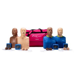 Four CPR training manikins (two wearing chest coverings, two are bare) with a bag and 4 wireless CPR feedback monitors