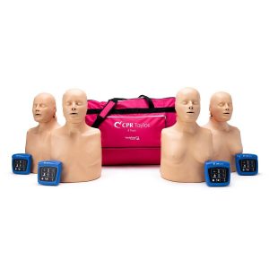 Four light skinned CPR training manikins with a bag and 4 wireless CPR feedback monitors