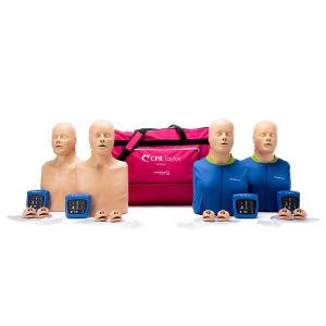 Four light skinned CPR training manikins (two wearing chest coverings, two are bare) with a bag and 4 wireless CPR feedback monitors