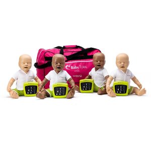 Four infant, CPR training manikins (two dark and two light) with a bag and 4 wireless CPR feedback monitors