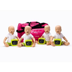 Four light skinned, infant CPR training manikins with a bag and 4 wireless CPR feedback monitors