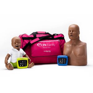An infant and adult, dark skinned CPR training manikins with a bag and 2 wireless CPR feedback monitors