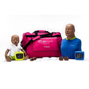 An infant and adult, dark skinned CPR training manikins (both clothed) with a bag and 2 wireless CPR feedback monitors