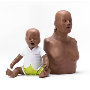 An infant and adult, dark skinned CPR training manikins