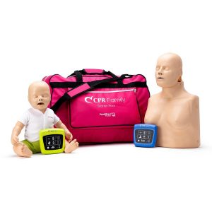 An infant and adult, light skinned CPR training manikins with a bag and 2 wireless CPR feedback monitors