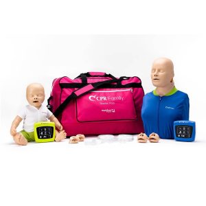 An infant and adult, light skinned CPR training manikins (both clothed) with a bag and 2 wireless CPR feedback monitors