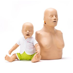 An infant and adult, light skinned CPR training manikins