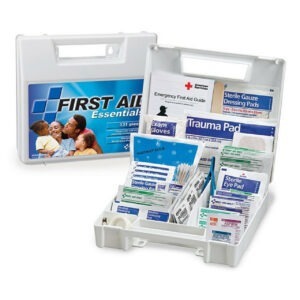 First Aid Kit in plastic case. Image shows case closed with handle for carrying and the case open with a variety of first aid supplies including an instant ice pack, sterile gauze, aspirin, ibupofren, bandages, and more.