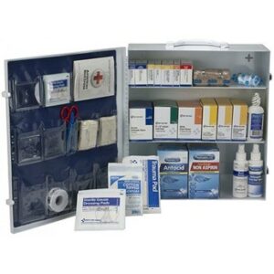 Open, 3-shelf cabinet showing first aid supplies on the shelves and in pockets on the door