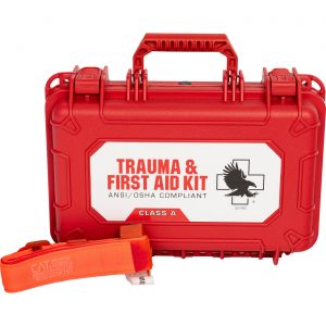 Orange CAT tourniquet in front of closed Class A First Aid Kit