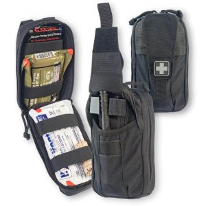 Open view, back view, and front view of the M-FAK (mini first aid kit)