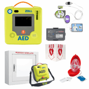 Church AED package which includes the ZOLL AED 3, Premium molded carry case, Pedi-Padz II, wall-mounted cabinet, 3D AED Wall Sign, and Pocket CPR Mask