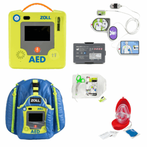 Portable AED Unit, Rescue Backpack, spare CPR Uni-Padz, and Pocket CPR Mask