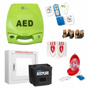 AED for office use, pads, batteries, wall-mounted case, 3D sign indicating the location of an AED, and a CPR facemask.