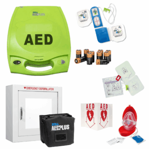 AED, Pedi-padz II, batteries, wall-mounted case, 3D sign indicating the location of an AED, and a CPR facemask.