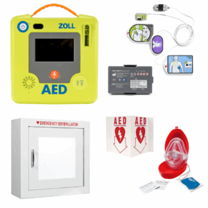 Church AED package which includes the ZOLL AED 3, wall-mounted cabinet, 3D AED Wall Sign, and Pocket CPR Mask