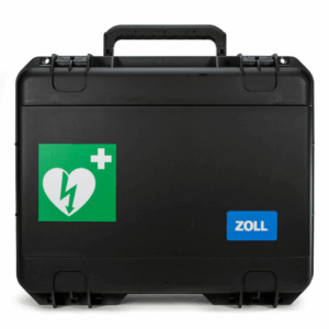 Large, black hard case for carrying ZOLL AED 3. The outside of the case has a green logo indicating an AED and a blue ZOLL logo.