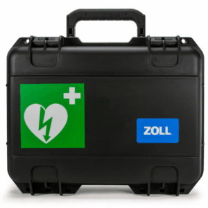 Small, black hard case for carrying ZOLL AED 3. The outside of the case has a green logo indicating an AED and a blue ZOLL logo.