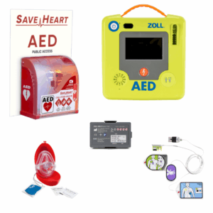 AED package for cardiac emergencies. This includes ZOLL AED 3, wall-mount cabinet with alarm, and a pocket CPR Mask