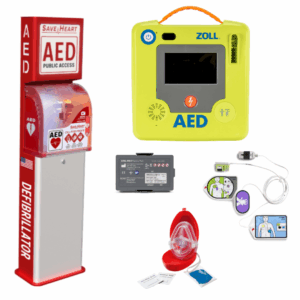 AED package for public safety including the ZOLL AED 3, outdoor tower cabiet with alarm and electrical setup, 3D AED Wall sign, and pocket CPR Mask