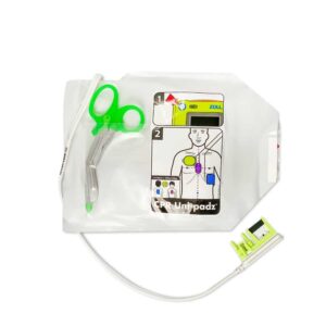 Close-up of ZOLL AED 3 Uni-Padz for use with ZOLL AED 3. Includes instructions and scissors.